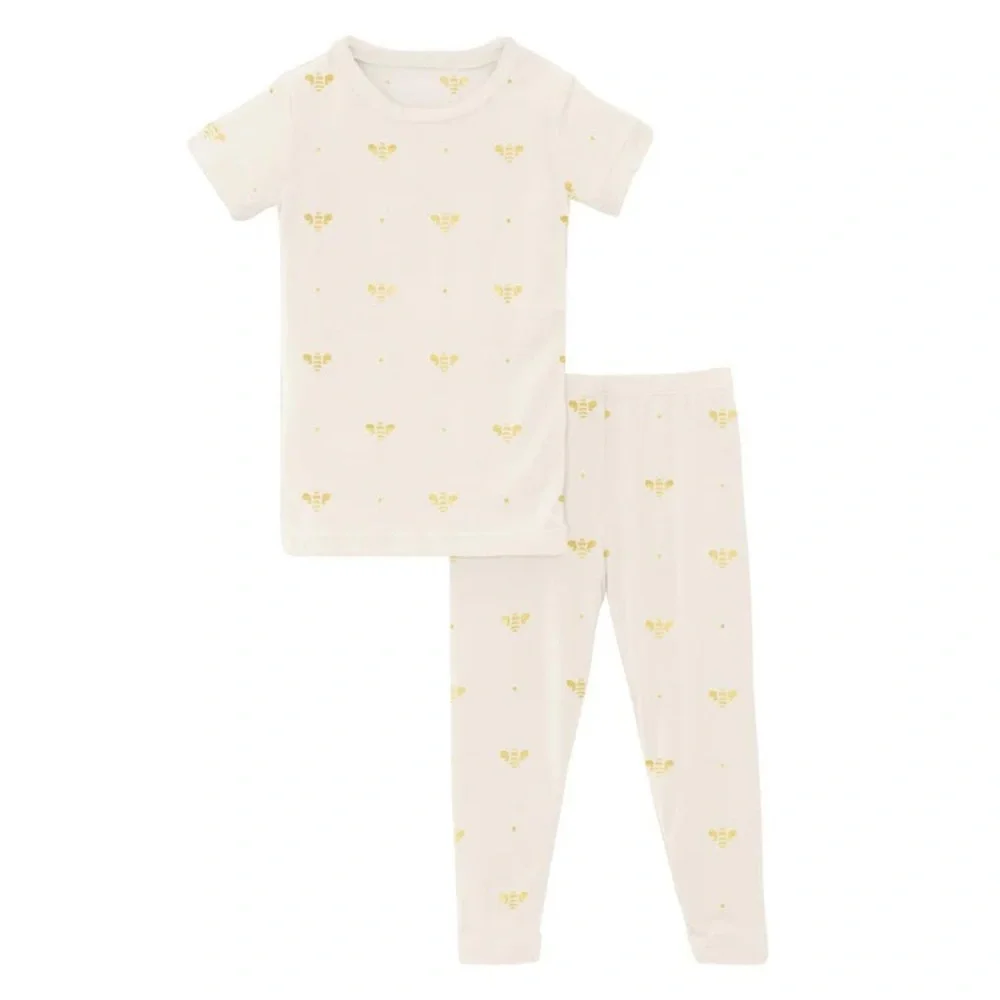 NWT Kickee Pants Print Short Sleeve Pajama Set in Gold Bees Bamboo 3-6M